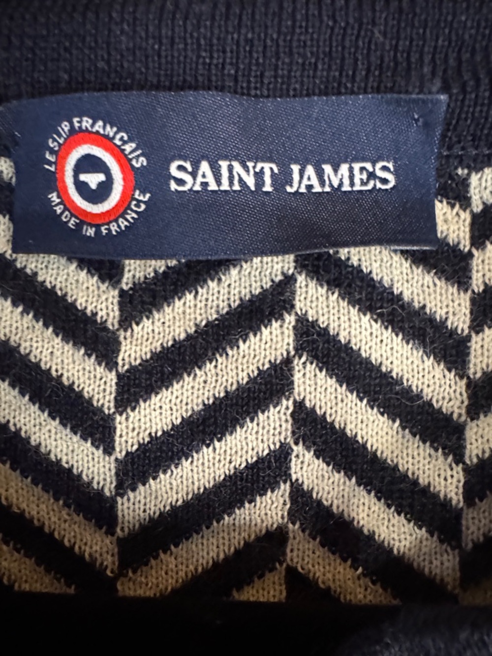 Saint James Navy Crewneck Sweater with White Chevron Yoke - Picture 2 of 12